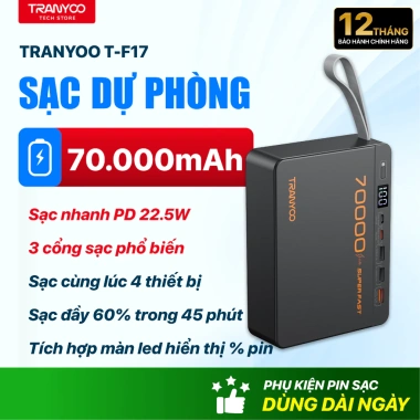 Pin sạc dự phòng TRANYOO 100.000mAh - 5 cổng, sạc 4 thiết bị cùng lúc, giá 755.000₫ 3 Pin sạc dự phòng TRANYOO 100.000mAh - 5 cổng, sạc 4 thiết bị cùng lúc, giá 755.000₫ 3