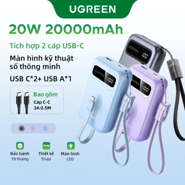 Pin sạc dự phòng UGREEN Powerbank 20.000mAh đa màu sắc, PD 20W, 2 cáp USB-C, SCP PB525, giảm giá 649k