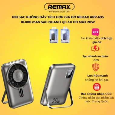 Pin sạc không dây 10.000 mAh Remax RPP-695 - Sạc nhanh QC3.0 PD20W, CCC, giá 439.000đ