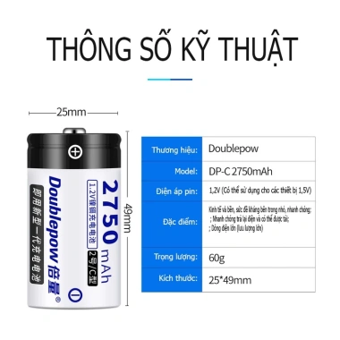 Pin sạc lại Doublepow Size C 2.750mAh dùng cho bình nước nóng, bếp gas - Giá 52.000đ 3