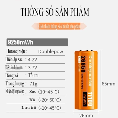 Pin Sạc Lithium 26.650 Doublepow 11.100mWh 3.7V Chính Hãng - Dòng Xả Lớn, Nội Trở Thấp, Bền Bỉ - 66.000 VND