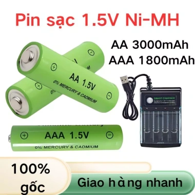 Pin sạc Ni-MH 1.5V AA 3.000mAh + AAA 1.800mAh - Bộ sạc mới, hiệu suất 100%, giá 77.000₫