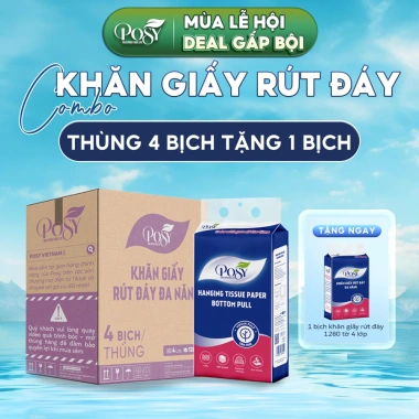 POSY Combo Thùng 5 Bịch Giấy Rút 1.280 Tờ 4 Lớp Mềm Mịn Tiết Kiệm Kèm Móc Treo 125k 2