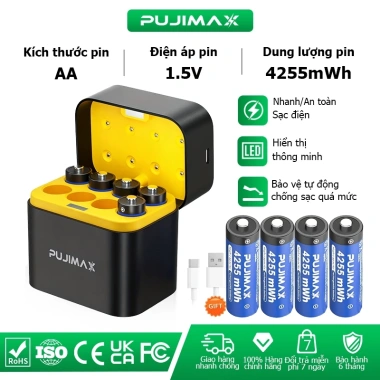 PUJIMAX Bộ sạc pin thông minh 8 khe 1.5V Li-ion AA 4.255mWh - Tự động ngắt, chống sạc quá mức, chỉ 367.999k VND