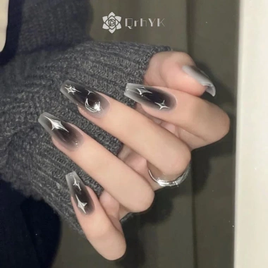 Qrhyk Y2k Móng tay giả đen 24 chiếc, dính acrylic tái sử dụng, bấm nhanh