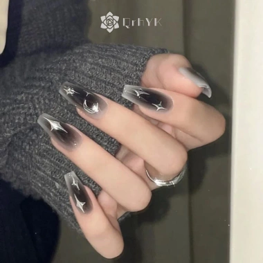 Qrhyk Y2k Móng tay giả đen 24 chiếc, dính acrylic tái sử dụng, bấm nhanh 3 Qrhyk Y2k Móng tay giả đen 24 chiếc, dính acrylic tái sử dụng, bấm nhanh 3
