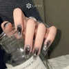 Qrhyk Y2k Móng tay giả đen 24 chiếc, dính acrylic tái sử dụng, bấm nhanh 7