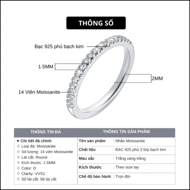 Quà Tặng 8/3 Nhẫn Bạc 925 14 Đá Moissanite Phủ Bạch Kim - Nhẫn Nửa Vòng Đa Đá 1.314 Giá 488k