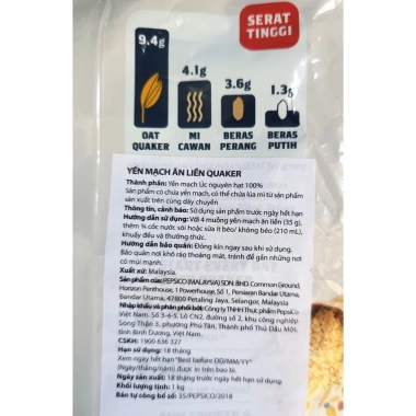 Quaker Túi Lớn 1kg Yến Mạch Nguyên Chất Ăn Liền Malaysia Instant Oatmeal Halal Giá 118.500 VND 5