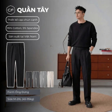 Quần Âu Nam Ống Đứng Đen Cáp Chun Slim Fit, Vải Cotton Hàn Cao Cấp - 339.000₫