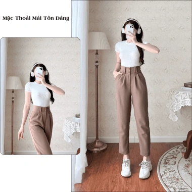 Quần baggy cạp cao nữ 2 khuy Anmy - ống đứng tôn dáng, vải mềm mại, giá 250k