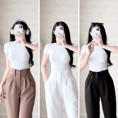 Quần baggy cạp cao nữ 2 khuy Anmy - ống đứng tôn dáng, vải mềm mại, giá 250k