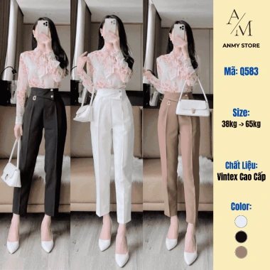 Quần baggy nữ Anmy ống đứng cạp cao, quần tây lưng cao 2 khuy cách điệu tôn dáng - 250k