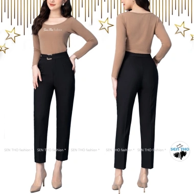 Quần Baggy Nữ Công Sở Đai Vuông Vàng - Vitex Cao Cấp, Cạp Cao, Đen Nâu Tây Sang Trọng 2