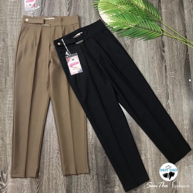 Quần Baggy Nữ Công Sở Đai Vuông Vàng - Vitex Cao Cấp, Cạp Cao, Đen Nâu Tây Sang Trọng 4