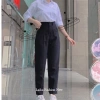 Quần baggy nữ lưng cao cạp đai xanh đen dài, vải học sinh dày co giãn - 79.000₫ 2