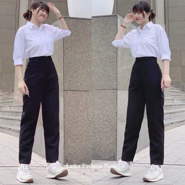 Quần baggy nữ lưng cao cạp đai xanh đen dài, vải học sinh dày co giãn - 79.000₫