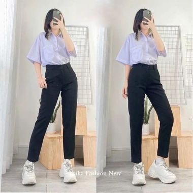 Quần baggy nữ lưng cao cạp đai xanh đen dài, vải học sinh dày co giãn - 79.000₫