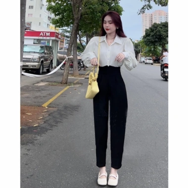 Quần bagyy nữ lưng cao, khóa sau hông, cạp cao vải tuyết mưa dày, co giãn nhẹ - 79.000đ