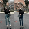 Quần Bò Jeans Nữ Baggy Co Giãn Rách Gấu Thêu Túi Sau Tôn Dáng Belt Quảng Châu Cao Cấp
