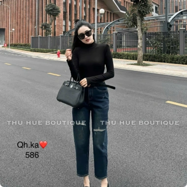 Quần Bò Jeans Nữ Baggy Co Giãn Rách Gấu Thêu Túi Sau Tôn Dáng Belt Quảng Châu Cao Cấp 4