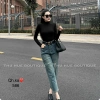 Quần Bò Jeans Nữ Baggy Co Giãn Rách Gấu Thêu Túi Sau Tôn Dáng Belt Quảng Châu Cao Cấp 5