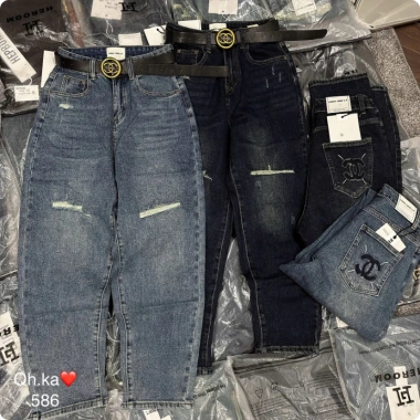 Quần Bò Jeans Nữ Baggy Co Giãn Rách Gấu Thêu Túi Sau Tôn Dáng Belt Quảng Châu Cao Cấp 9