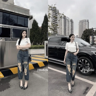 Quần Bò Jeans Nữ Baggy Lưng Cao Rách Tôn Dáng kèm Belt Quảng Châu Giá ưu đãi 427.5k