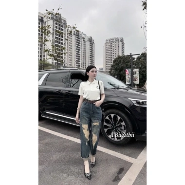 Quần Bò Jeans Nữ Baggy Lưng Cao Rách Tôn Dáng kèm Belt Quảng Châu Giá ưu đãi 427.5k