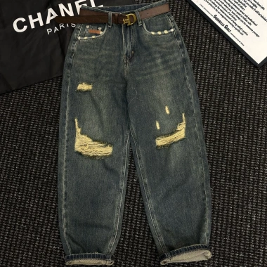 Quần Bò Jeans Nữ Baggy Xắn Gấu Rách Lưng Cao Tôn Dáng kèm Belt Quảng Châu Cao Cấp 2