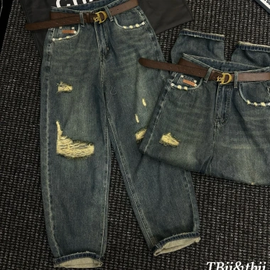 Quần Bò Jeans Nữ Baggy Xắn Gấu Rách Lưng Cao Tôn Dáng kèm Belt Quảng Châu Cao Cấp 3