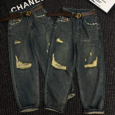 Quần Bò Jeans Nữ Baggy Xắn Gấu Rách Lưng Cao Tôn Dáng kèm Belt Quảng Châu Cao Cấp 4