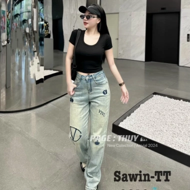 Quần Bò Jeans Nữ Co Giãn Dáng Suông, Thêu Đính Đá, Lưng Cao - Giá chỉ 418.000