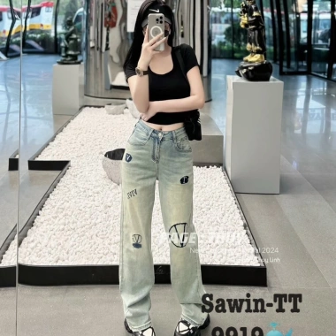 Quần Bò Jeans Nữ Co Giãn Dáng Suông, Thêu Đính Đá, Lưng Cao - Giá chỉ 418.000