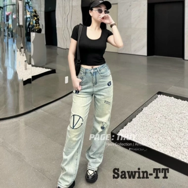 Quần Bò Jeans Nữ Co Giãn Dáng Suông, Thêu Đính Đá, Lưng Cao - Giá chỉ 418.000