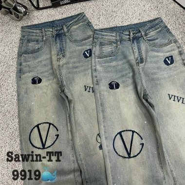 Quần Bò Jeans Nữ Co Giãn Dáng Suông, Thêu Đính Đá, Lưng Cao - Giá chỉ 418.000