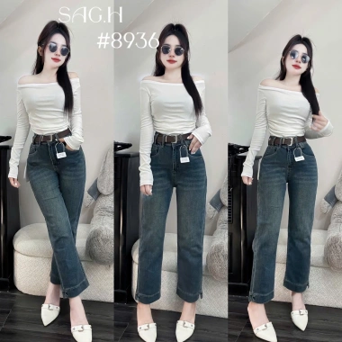 Quần Bò Jeans Nữ Co Giãn Lưng Cao Tôn Dáng Ống Đứng Kèm Belt Quảng Châu Cao Cấp