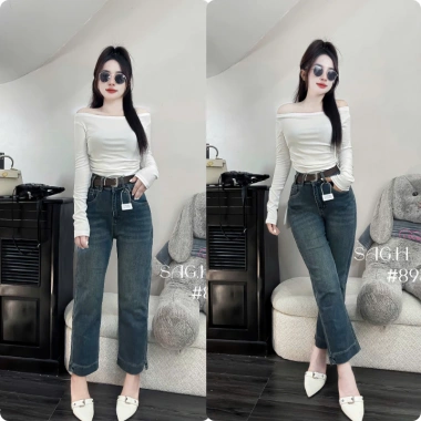 Quần Bò Jeans Nữ Co Giãn Lưng Cao Tôn Dáng Ống Đứng Kèm Belt Quảng Châu Cao Cấp