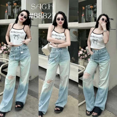 Quần Bò Jeans Nữ Dáng Suông Loang Họa Tiết Rách, Gối Lưng Cao, Kèm Belt Quảng Châu - 427.500₫