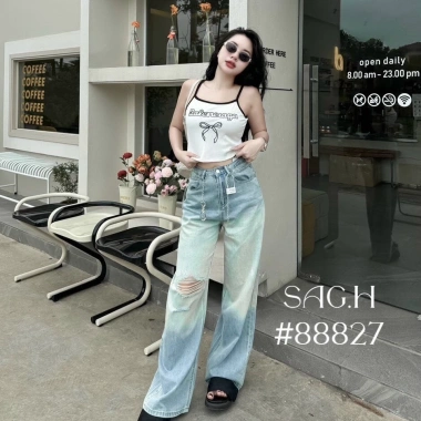 Quần Bò Jeans Nữ Dáng Suông Loang Họa Tiết Rách, Gối Lưng Cao, Kèm Belt Quảng Châu - 427.500₫ 2