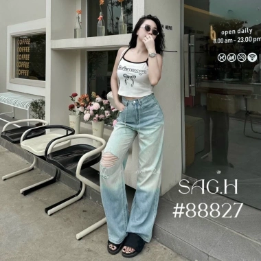 Quần Bò Jeans Nữ Dáng Suông Loang Họa Tiết Rách, Gối Lưng Cao, Kèm Belt Quảng Châu - 427.500₫ 3