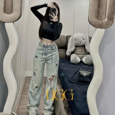 Quần Bò Jeans Nữ Dáng Suông Lưng Cao Tôn Dáng Đứng Form kèm Xích Quảng Châu Cao Cấp