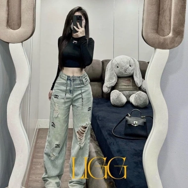 Quần Bò Jeans Nữ Dáng Suông Lưng Cao Tôn Dáng Đứng Form kèm Xích Quảng Châu Cao Cấp