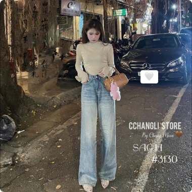 Quần Bò Jeans Nữ Dáng Suông Màu Xịn Xò Lưng Cao Kèm Belt Cao Cấp Quảng Châu