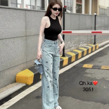 Quần Bò Jeans Nữ Đính Đá Thêu - Dáng Suông Lưng Cao, Tôn Dáng, Quảng Châu Cao Cấp - 427.500₫