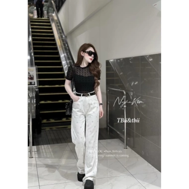 Quần Bò Jeans Nữ Hoạ Tiết Đính Đá Dáng Suông Lưng Cao Tôn Dáng Quảng Châu Cao Cấp 2