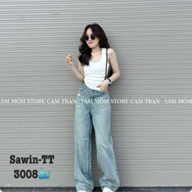 Quần Bò Jeans Nữ Họa Tiết Túi Sau Dáng Suông Lưng Cao Tôn Dáng Quảng Châu Cao Cấp