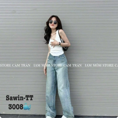 Quần Bò Jeans Nữ Họa Tiết Túi Sau Dáng Suông Lưng Cao Tôn Dáng Quảng Châu Cao Cấp