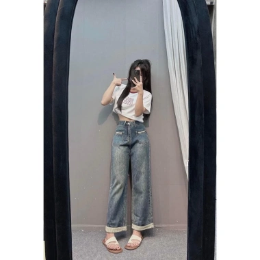 Quần Bò Jeans Nữ Suông Dáng Nấm Xắn, Gấu Lưng Cao, Tôn Dáng Ống Rộng – Quảng Châu Cao Cấp, Giá chỉ 361.000₫ 3
