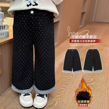 Quần Cotton Chấm Bi Ống Rộng Plus Velvet Girls Hàn Quốc Giảm 50% Mùa Đông